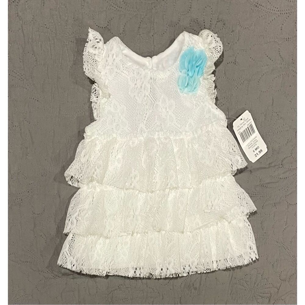 Baby Starters 6m White Tiered Dress Blue Flower Baby Girl New